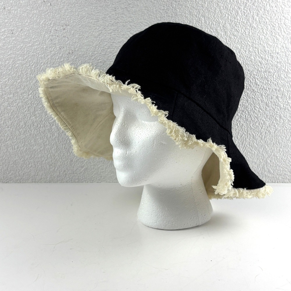 Reversible Bucket Sun Hat Womens OS Black Cream Frayed Linen Coastal Beachwear